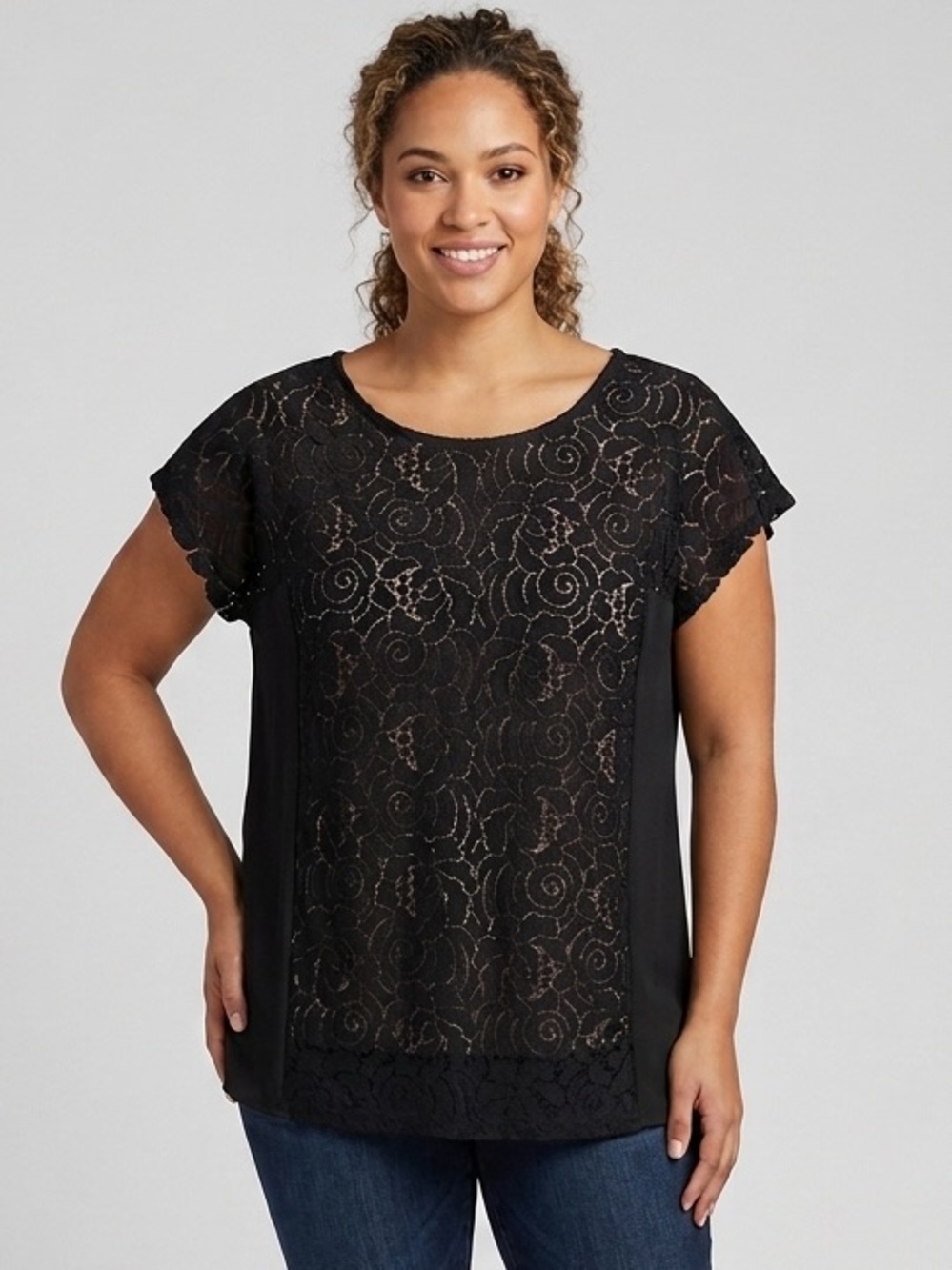 Nör Denmark Black Floral Lace Short Sleeve Blouse - Sz 5 (US 12/14 XL)